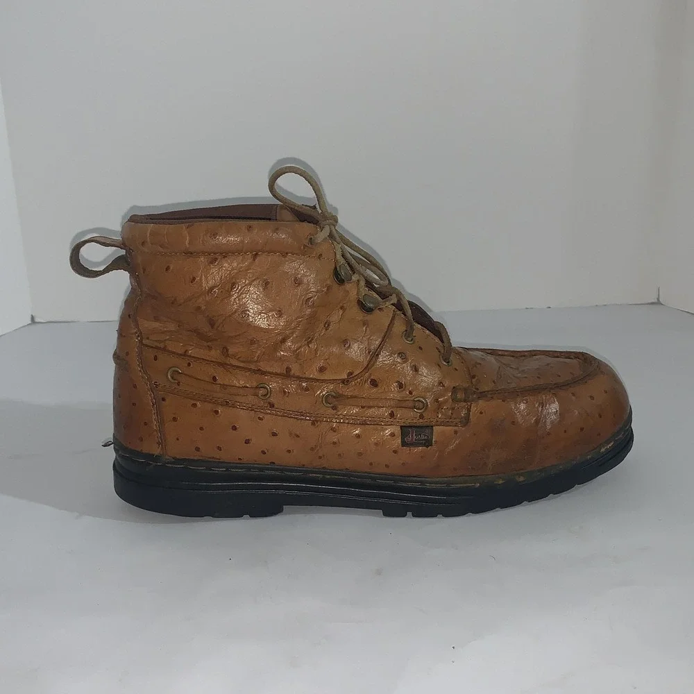 Justin Vintage Ankle Boots Mens 13M Brown Leather Ostrich Print Moc Toe Work 910